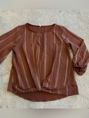 3rd & Malt Medium Rust Brown Gold Stripe Twist Front Blouse Boho Fall Top